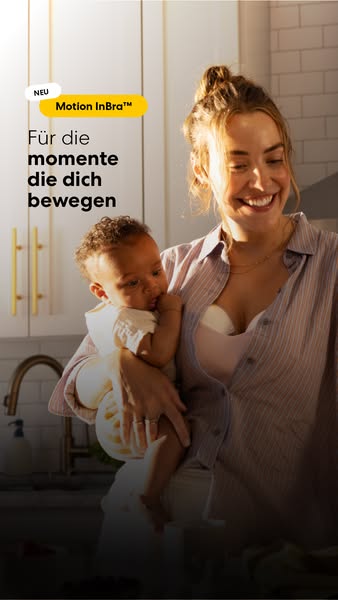 This image ad for Motion InBra features a woman holding a baby in a kitchen setting. The ad highlights the comfort and c