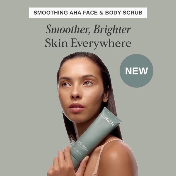 This image ad highlights Alpha-H's Smoothing AHA Face & Body Scrub and features a model with smooth looking skin
