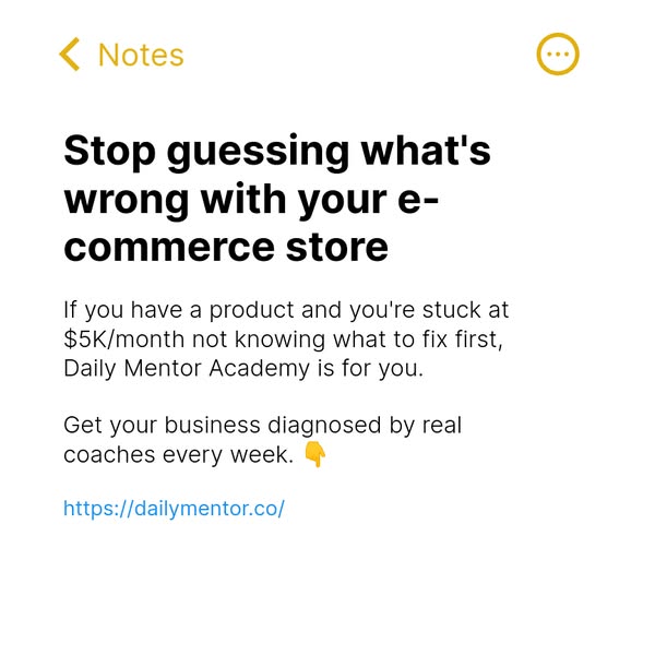 This ad promotes Daily Mentor Academy, an e-commerce coaching service, as a solution to struggling e-commerce store owne