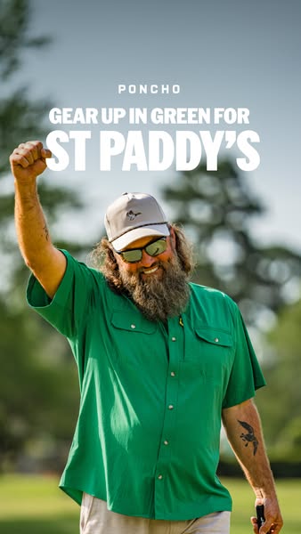 A St. Patrick's day ad for Poncho brand apparel with a bearded man wearing a green shirt.