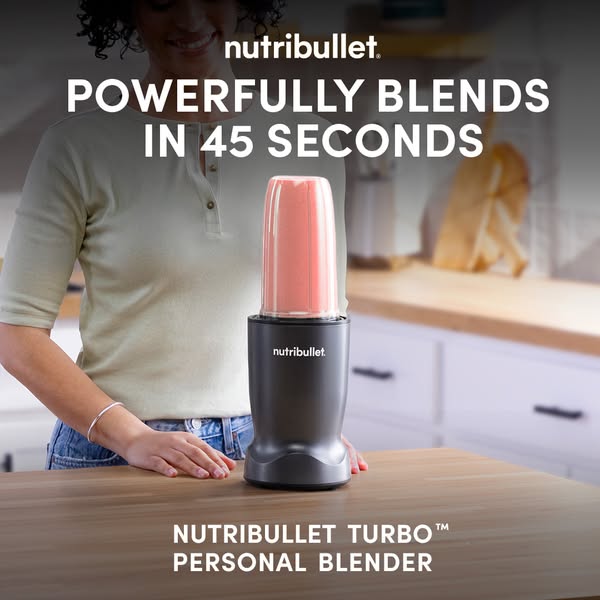 An advertisement for the Nutribullet Turbo personal blender shows the blender on a kitchen counter with a woman in the b