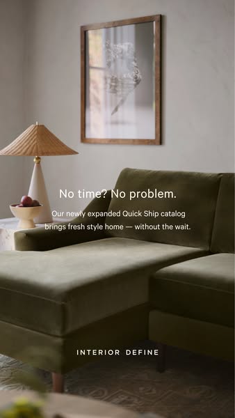 This image ad for Interior Define promotes their newly expanded Quick Ship catalog, emphasizing the benefit of receiving