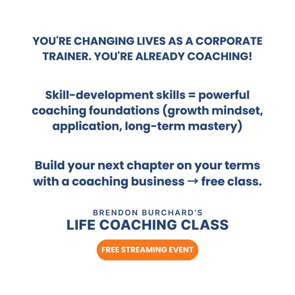 The ad encourages corporate trainers to leverage their existing skills to build their own coaching business and advertis