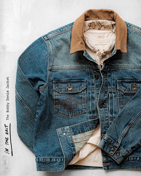 This ad showcases a denim jacket with a corduroy collar, styled with a t-shirt and bandana. The ad highlights the jacket