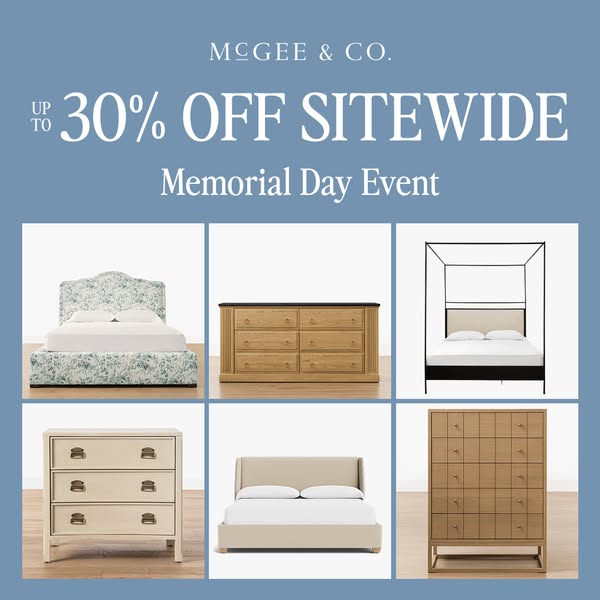 This image ad for McGee & Co. promotes a Memorial Day event with a site-wide discount of up to 30% off. The ad featu