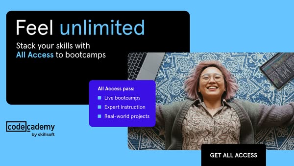 This image ad for Codecademy promotes their All Access pass to bootcamps. The ad features a smiling woman lying on a rug