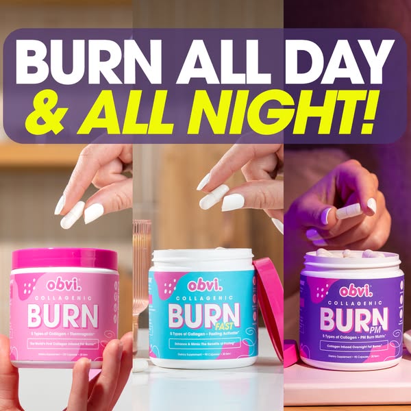 This ad promotes Obvi collagenic burn supplements, highlighting their benefits for both daytime and nighttime use. The a