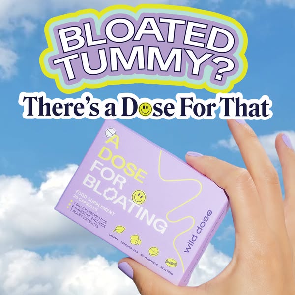 The image ad features the product 'A Dose for Bloating' by Wild Dose. The ad copy asks "Bloated Tummy?&quot