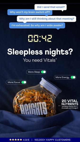 This ad presents Heights Vitals+ as a solution for sleepless nights and related cognitive issues, emphasizing its blend 