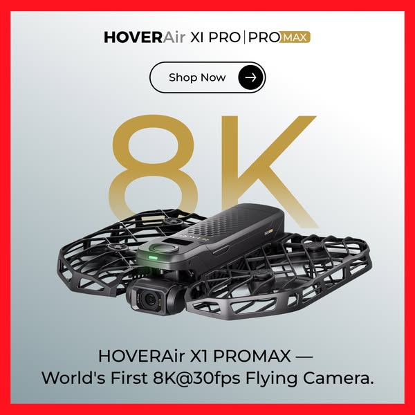 This image promotes the HOVERAir X1 PROMAX as the world's first 8K@30fps flying camera. The ad aims to highlight its