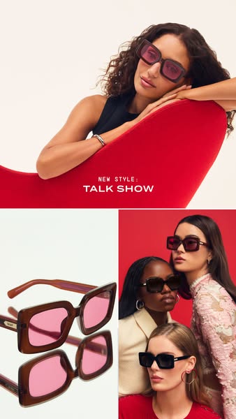This ad showcases the new 'Talk Show' style of sunglasses through a collage of images featuring models wearing t