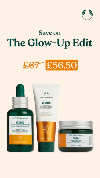 This image promotes a Vitamin C skincare set from The Body Shop, highlighting a discount on 'The Glow-Up Edit'. 