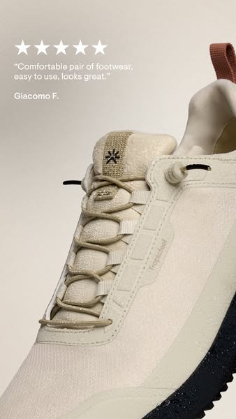 This ad features an up-close shot of a Tropicfeel shoe, accompanied by a customer testimonial and a five-star rating.