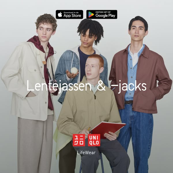 This ad showcases UNIQLO's spring jacket line with four young male models.
