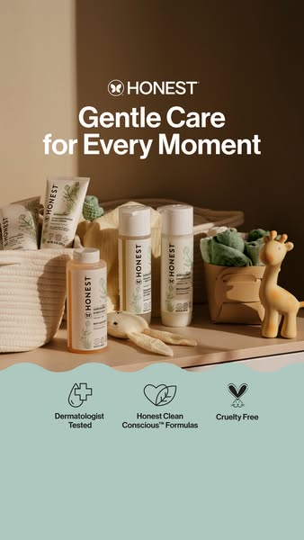 This ad promotes The Honest Company's gentle care products for babies. The ad highlights the brand's commitment 