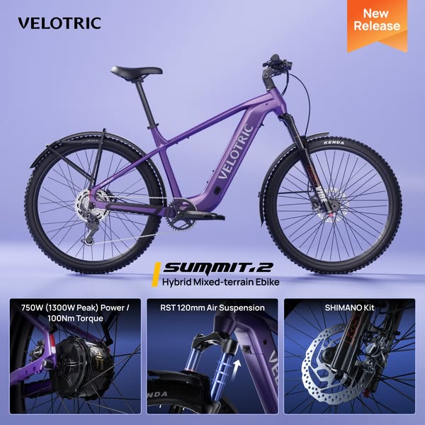This image promotes the VELOTRIC Summit.2 Hybrid Mixed-terrain Ebike. It showcases the full bicycle, along with the bicy