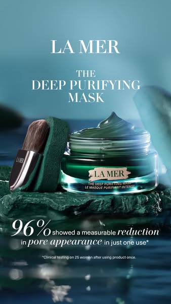 This ad showcases La Mer's Deep Purifying Mask, highlighting its ability to reduce pore appearance. The ad features 
