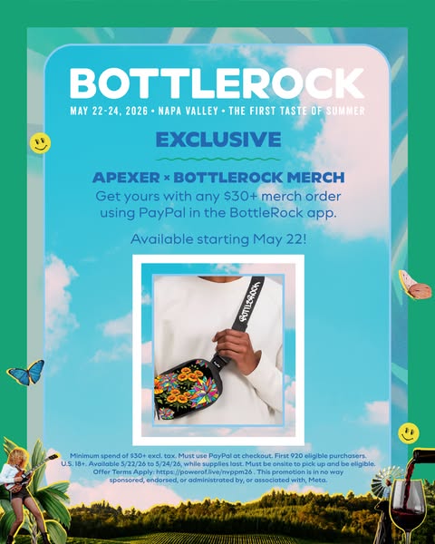 This image ad promotes the APEXER x BottleRock merch available for purchase when using PayPal in the BottleRock app. The