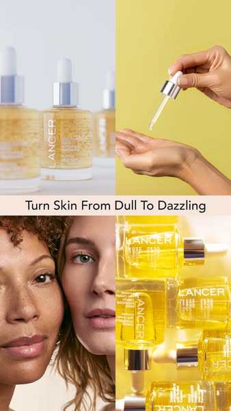 This ad for Lancer features a split-screen design to showcase the product and its transformative effects on the skin. Th