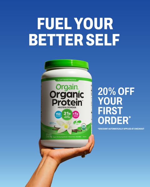 This ad for Orgain Organic Protein features a hand holding a container of protein powder against a blue gradient backgro