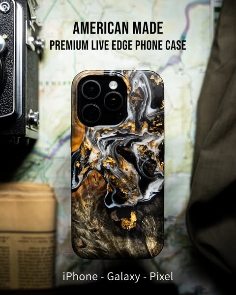 The ad showcases a premium phone case designed with a live edge and made in America, highlighting its availability for i