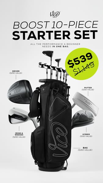 This image ad promotes a 10-piece golf starter set by Vice Golf, emphasizing its completeness for beginners and a signif