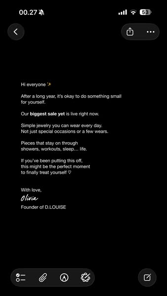 An ad in the form of a screenshot of a note from a phone, which appears to be a handwritten note from the founder of D.L