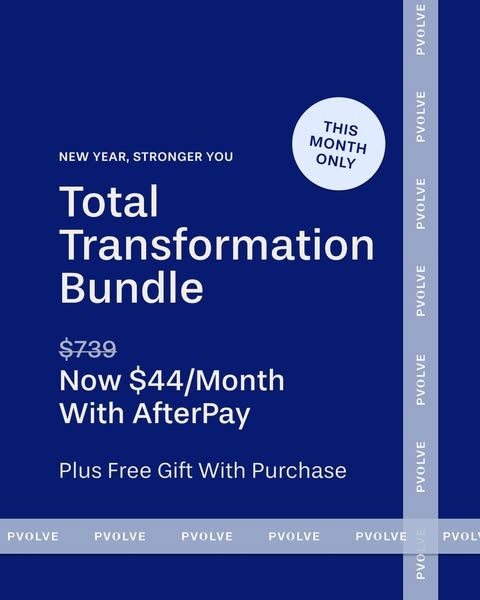 This ad for Pvolve promotes their Total Transformation Bundle at a special monthly rate using Afterpay, with a free gift
