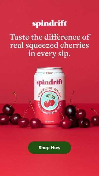 This image ad for Spindrift sparkling water emphasizes the taste of real squeezed cherries. The layout features the prod