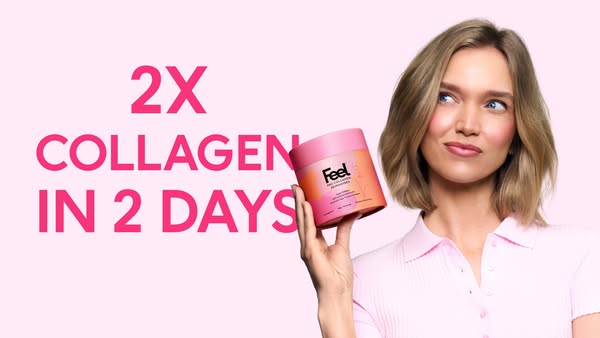 This ad promotes Feel Pro Collagen Peptides, claiming to provide 2X collagen in 2 days. It features a woman holding the 