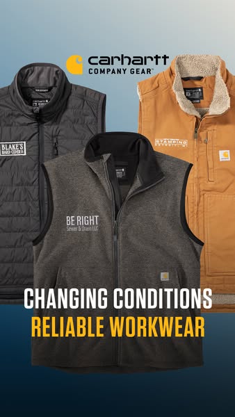 This image ad showcases a variety of Carhartt Company Gear vests. Each vest is individually branded for different compan