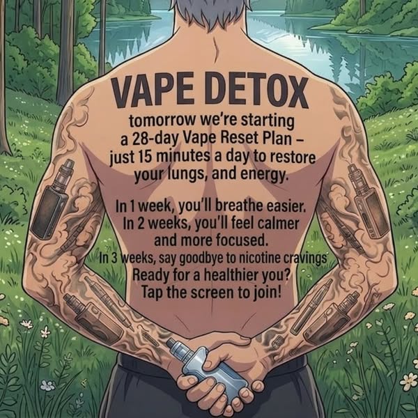 An ad for a 28-day "Vape Reset Plan" which is illustrated with a drawing of a man's back covered in vape t