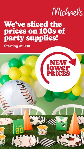 Image promoting a sale at Michaels on 100s of party supplies, starting at 99 cents. The image shows a table set up with 
