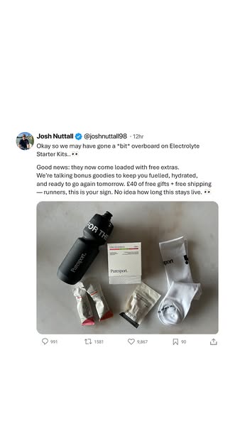 This ad features a tweet from Josh Nuttall promoting Puresport electrolyte starter kits, highlighting free extras and sh