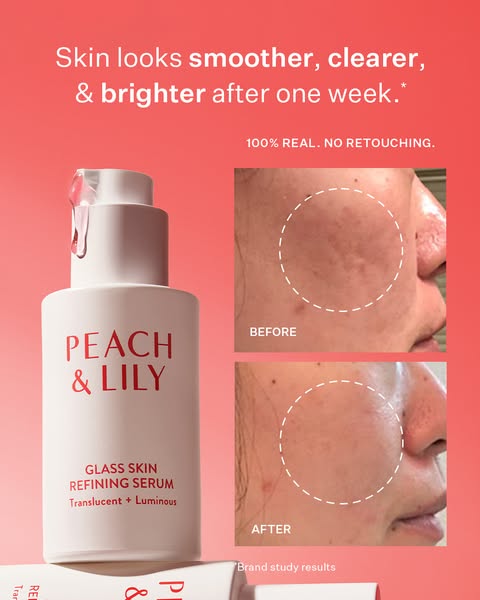 This ad for Peach & Lily features a bottle of their Glass Skin Refining Serum. The ad showcases the product's ab