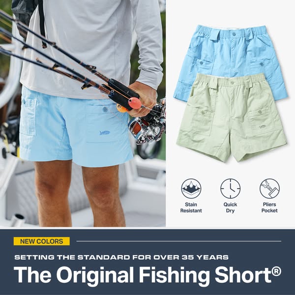 This image ad showcases AFCO's Original Fishing Short, highlighting its stain-resistant and quick-drying features. T