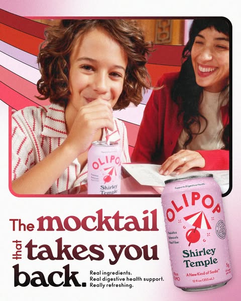 This image ad promotes Olipop's Shirley Temple flavor, emphasizing nostalgia and refreshment through a retro-inspire