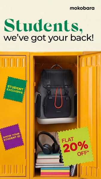 Image ad promoting Mokobara backpacks to students with an exclusive 20% off discount when they show their student ID. Th