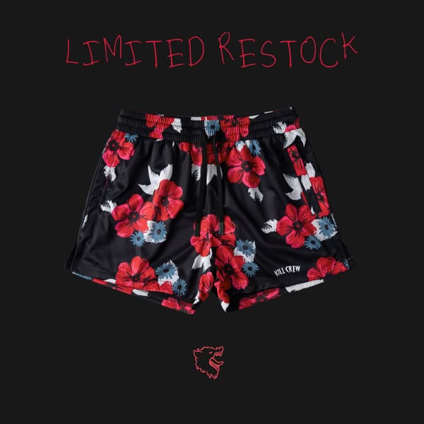 A striking image showcasing black floral shorts from Kill Crew against a dark backdrop. The ad emphasizes a limited rest