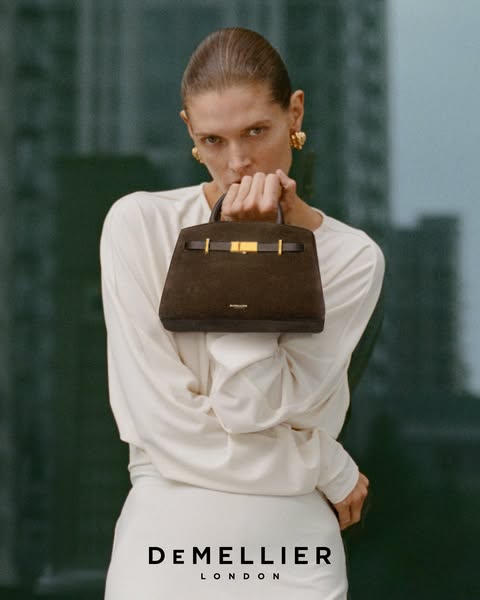 This ad features a woman holding a brown Demellier London handbag. The ad focuses on the luxury and style of the handbag