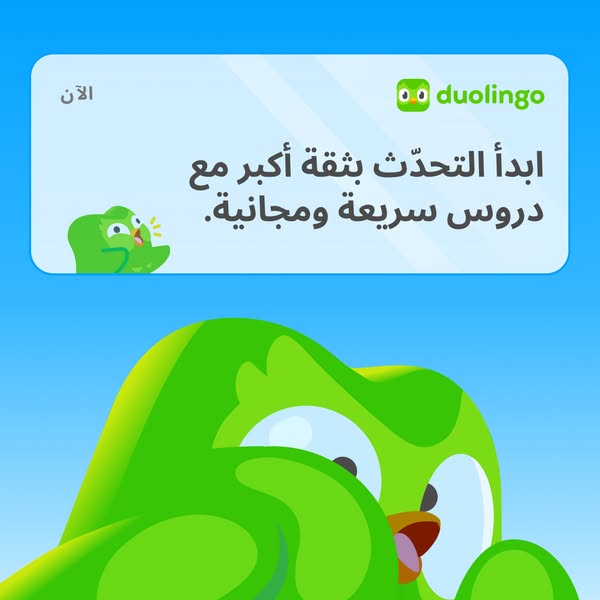 This ad uses the Duolingo mascot in a cartoon-like style to promote language learning through its platform. The ad aims 