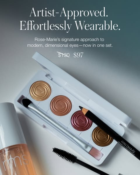 This ad showcases an eyeshadow palette from RMS Beauty, emphasizing its artist-approved quality and ease of wear. It fea