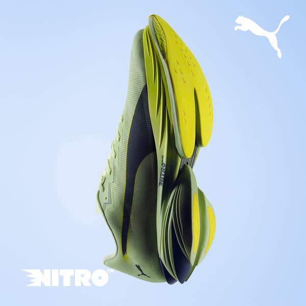 This ad features a close up of PUMA's Nitro running shoes, with the logo prominently displayed. It showcases a moder