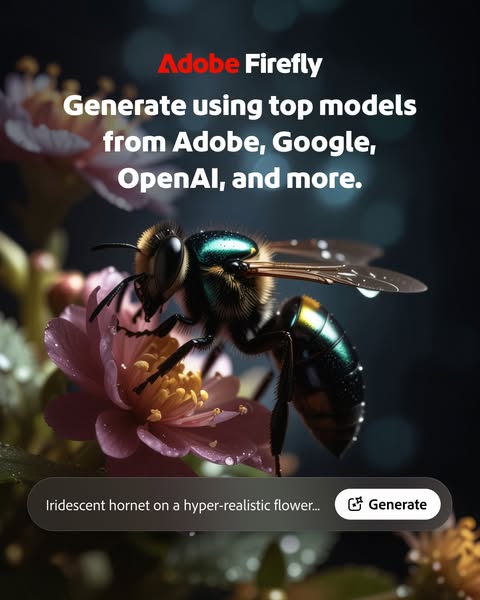 This ad showcases Adobe Firefly, emphasizing its ability to generate content using top models from various AI companies.