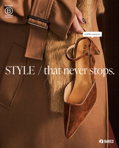 This ad showcases a heeled shoe from Bared. The ad highlights the brand's sustainable practices and focuses on comfo
