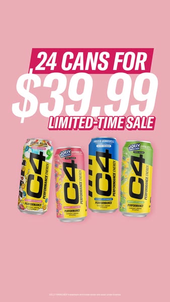 This ad for C4 Energy promotes a limited-time sale, offering 24 cans for $39.99. The visual includes four different flav