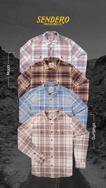 This ad showcases four different flannel shirts from Sendero Provisions Co. The shirts are stacked on top of each other,