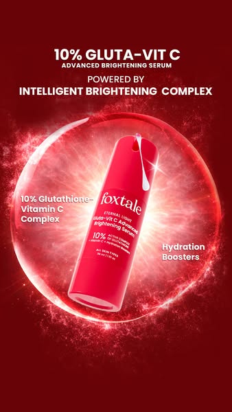 This image ad for Foxtale's Gluta-Vit C serum is brightly colored in reds and whites, and lists the serum's key 