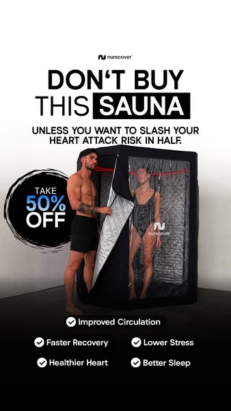 This image ad for Nurecover highlights a portable sauna, with the headline 'DON'T BUY THIS SAUNA UNLESS YOU WANT