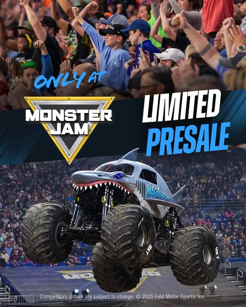 This ad promotes a limited presale for Monster Jam events. It features a monster truck in mid-air against a stadium back